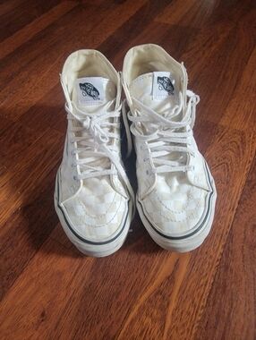 Cream and White Checkered High Top Vans Size 6.5